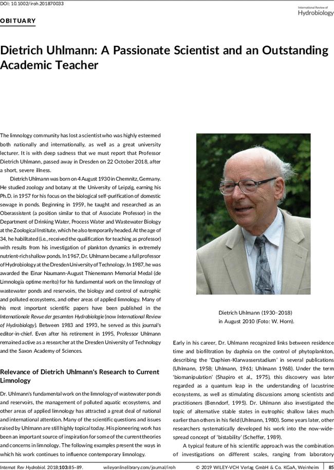 Dietrich Uhlmann: A Passionate Scientist and an Outstanding Academic Teacher