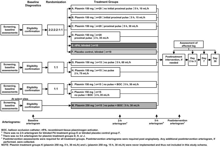 Phase 2, randomized, open-label study on catheter-directed thrombolysis with plasmin versus rtPA and placebo in acute peripheral arterial occlusion.