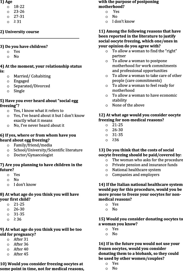 Understanding social oocyte freezing in Italy: a scoping survey on university female students' awareness and attitudes.