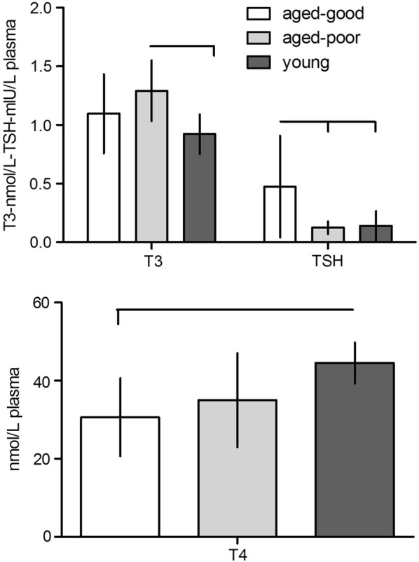 Age and cognitive status dependent differences in blood steroid and thyroid hormone concentrations in intact male rats.