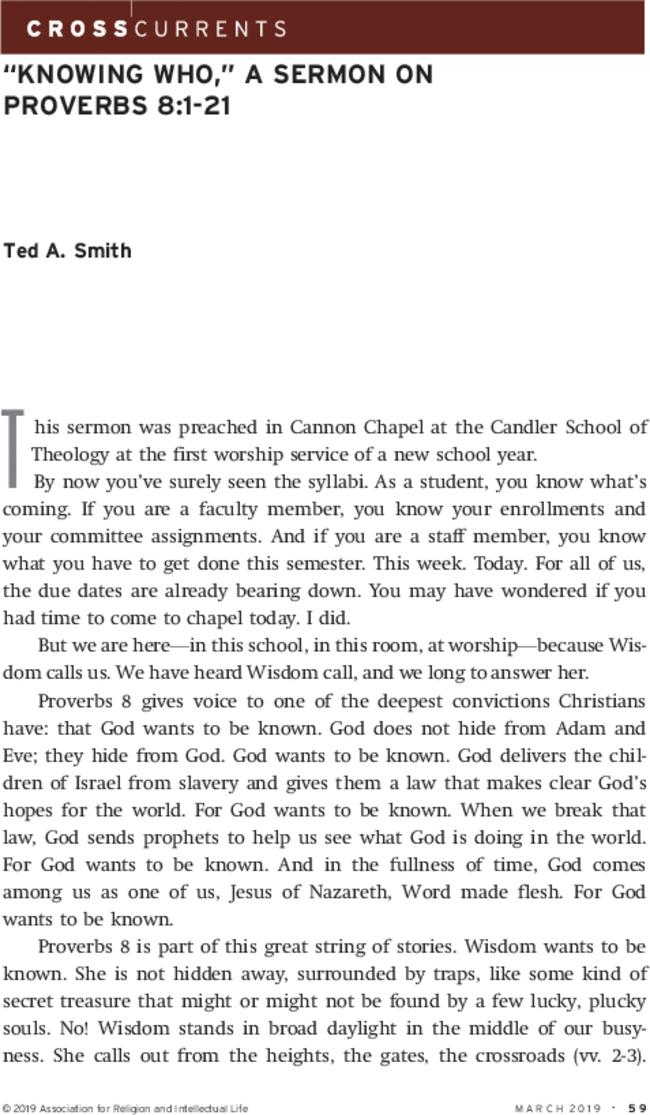 “Knowing Who,” A Sermon on Proverbs 8:1-21