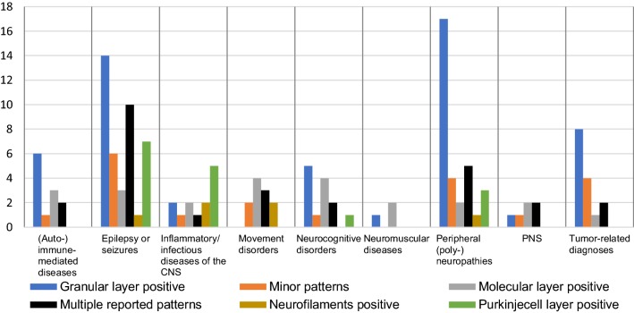 The clinical significance of atypical indirect immunofluorescence patterns on primate cerebellum in paraneoplastic antibody screening.