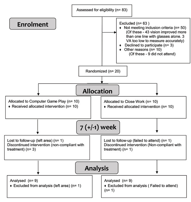Pilot Study Evaluating the Feasibility of Comparing Computer Game Play with Close Work During Occlusion in Children Aged 2-7 Years with Amblyopia.