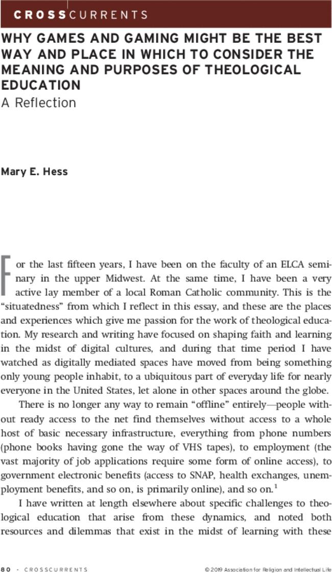 Why Games and Gaming Might be the Best Way and Place in Which to Consider the Meaning and Purposes of Theological Education