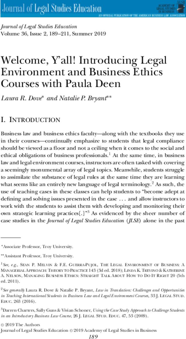 Welcome, Y'all! Introducing Legal Environment and Business Ethics Courses with Paula Deen