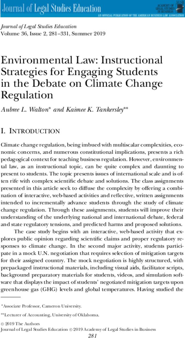 Environmental Law: Instructional Strategies for Engaging Students in the Debate on Climate Change Regulation