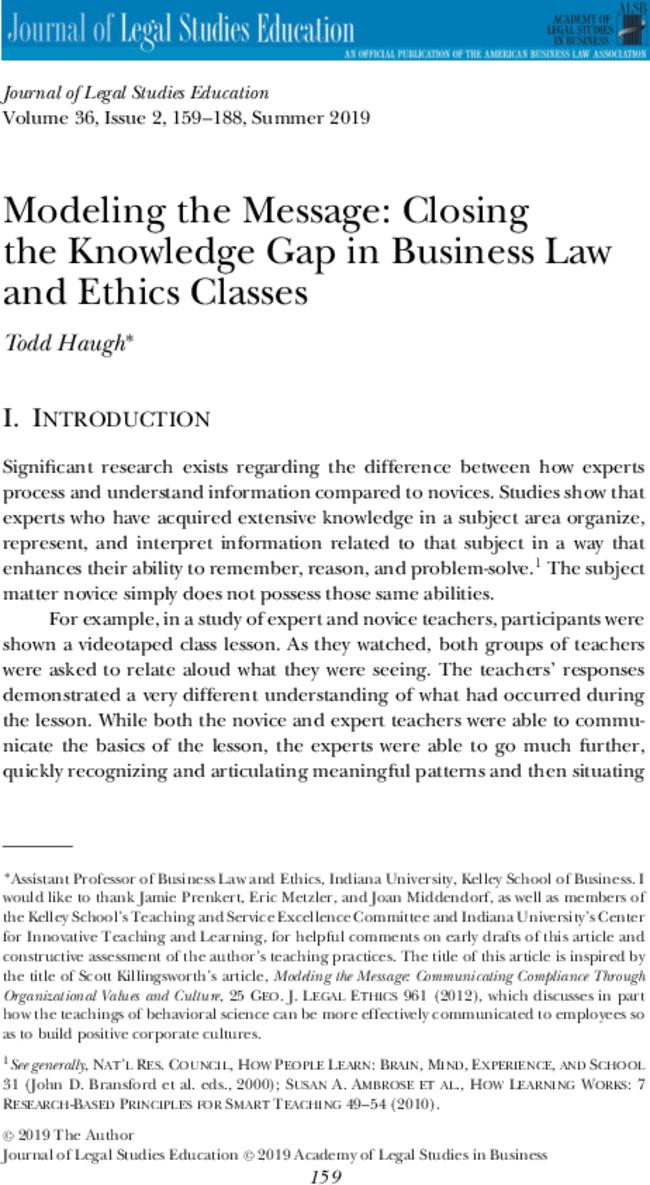 Modeling the Message: Closing the Knowledge Gap in Business Law and Ethics Classes