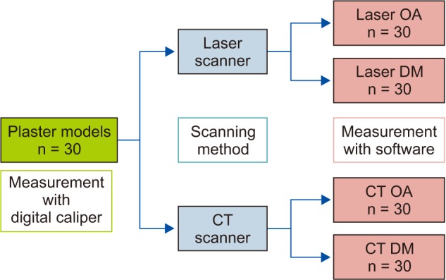 Accuracy and reliability of measurements performed using two different software programs on digital models generated using laser and computed tomography plaster model scanners.