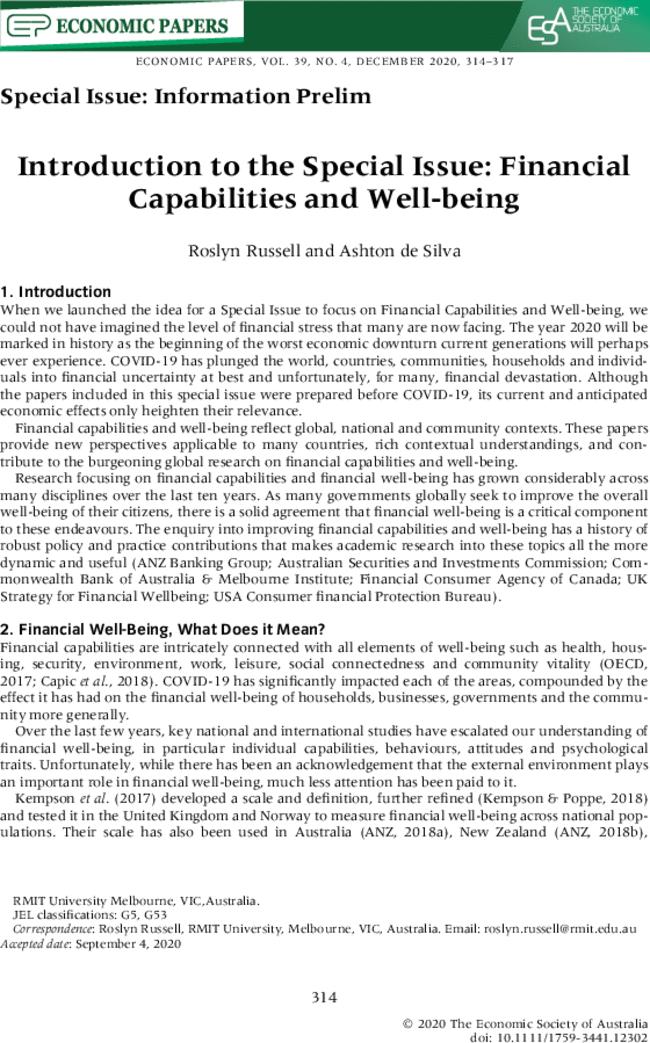 Introduction to the Special Issue: Financial Capabilities and Well-being