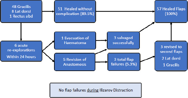 Simultaneous debridement, Ilizarov reconstruction and free muscle flaps in the management of complex tibial infection.