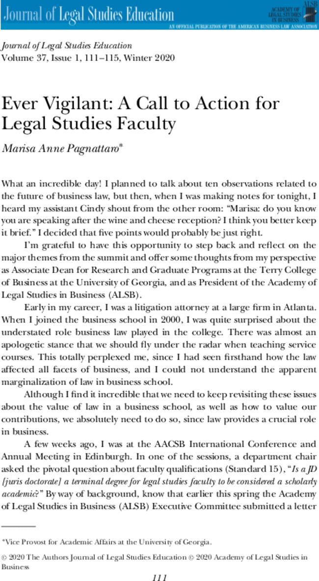 Ever Vigilant: A Call to Action for Legal Studies Faculty