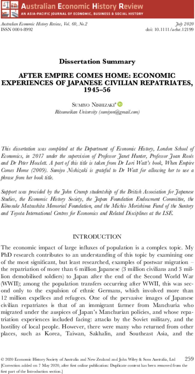 After Empire Comes Home: Economic Experiences of Japanese Civilian Repatriates, 1945–56