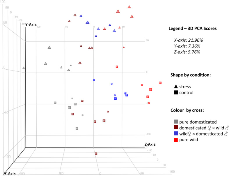 Transcriptomic comparison of communally reared wild, domesticated and hybrid Atlantic salmon fry under stress and control conditions.