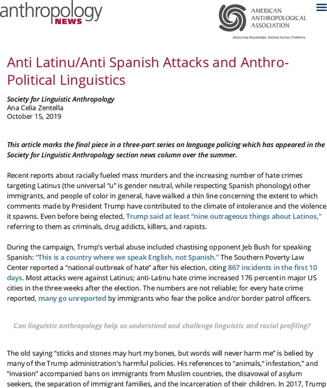 Anti Latinu/Anti Spanish Attacks and Anthro-Political Linguistics