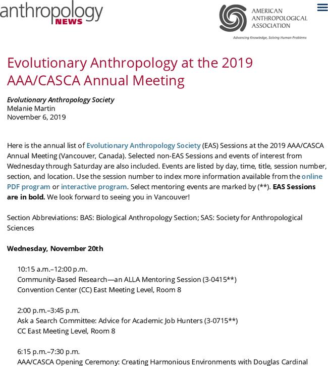 Evolutionary Anthropology at the 2019 AAA/CASCA Annual Meeting