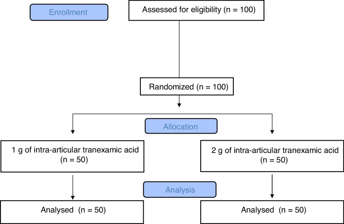 Comparação entre duas doses de ácido tranexâmico intra‐articular no sangramento pós‐operatório de artroplastia total do joelho: estudo clínico randomizado