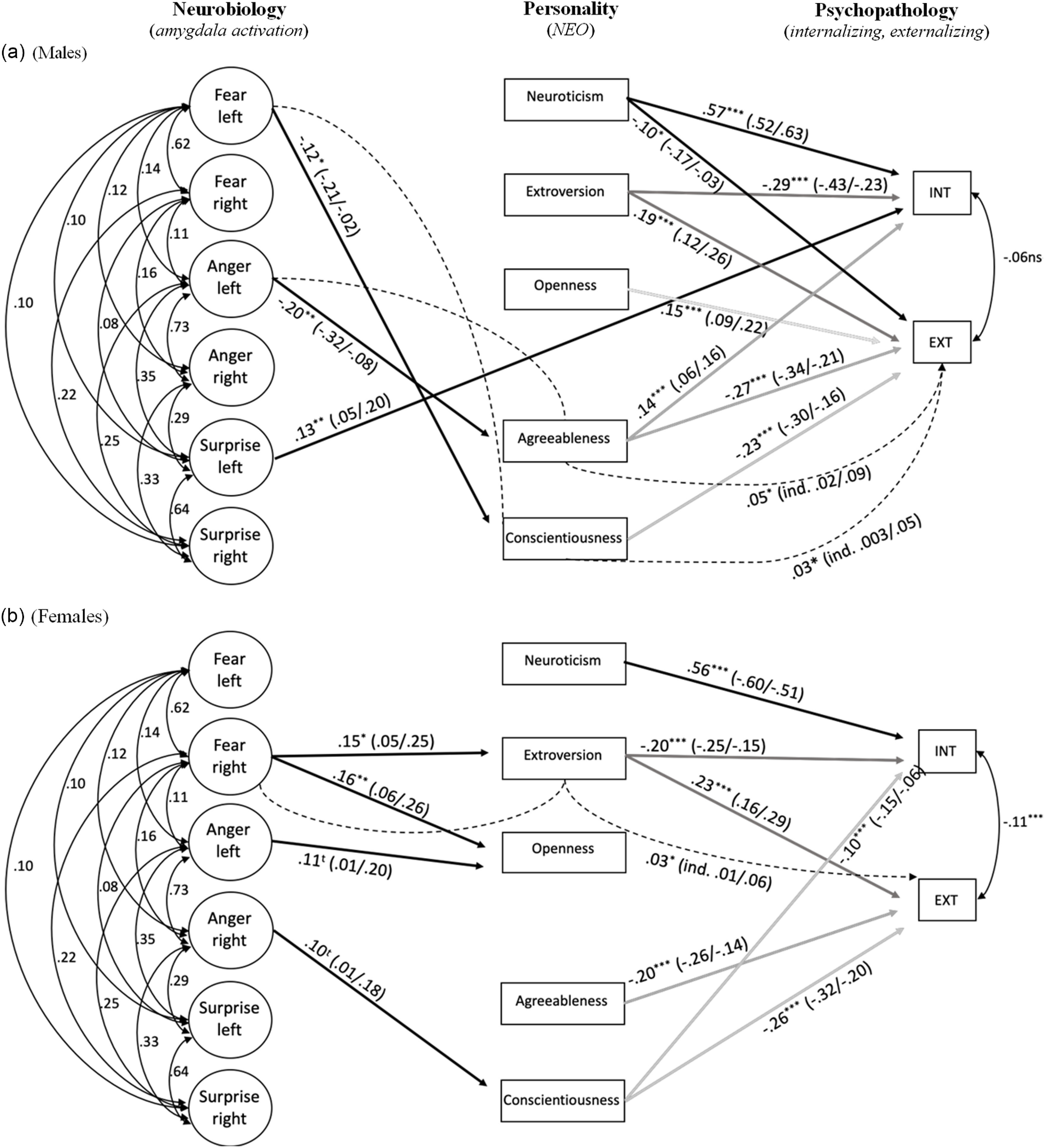 Structural equation modeling of the associations between amygdala activation, personality, and internalizing, externalizing symptoms of psychopathology.