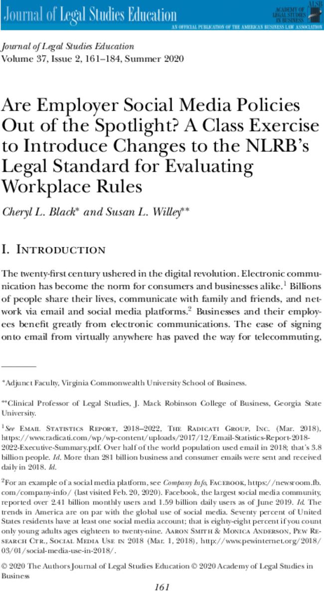 Are Employer Social Media Policies Out of the Spotlight? A Class Exercise to Introduce Changes to the NLRB's Legal Standard for Evaluating Workplace Rules