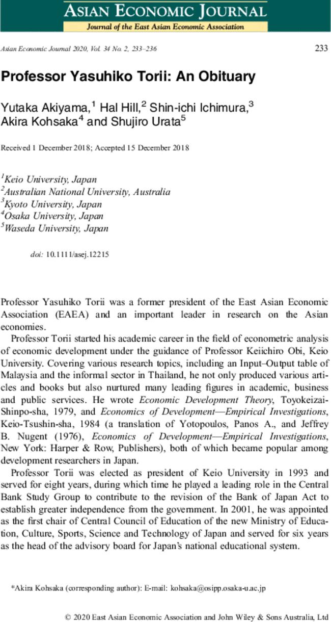 Professor Yasuhiko Torii: An Obituary