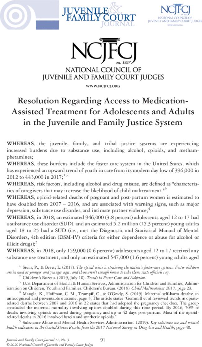 Resolution Regarding Access to Medication-Assisted Treatment for Adolescents and Adults in the Juvenile and Family Justice System