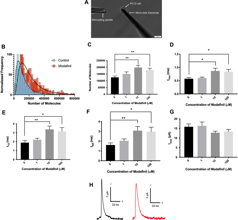 Combined electrochemistry and mass spectrometry imaging to interrogate the mechanism of action of modafinil, a cognition-enhancing drug, at the cellular and sub-cellular level.