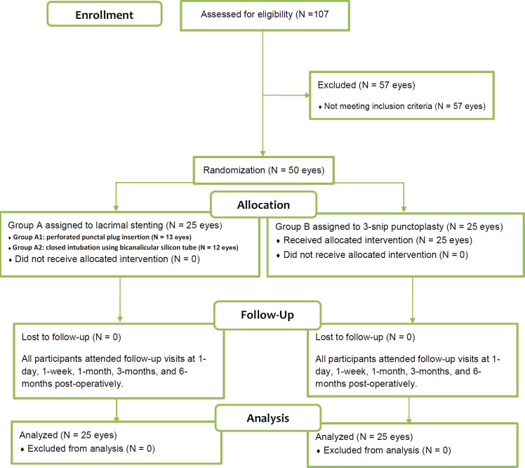 Lacrimal stenting versus three-snip punctoplasty for treatment of punctal stenosis or occlusion: an open- label, randomized clinical trial.