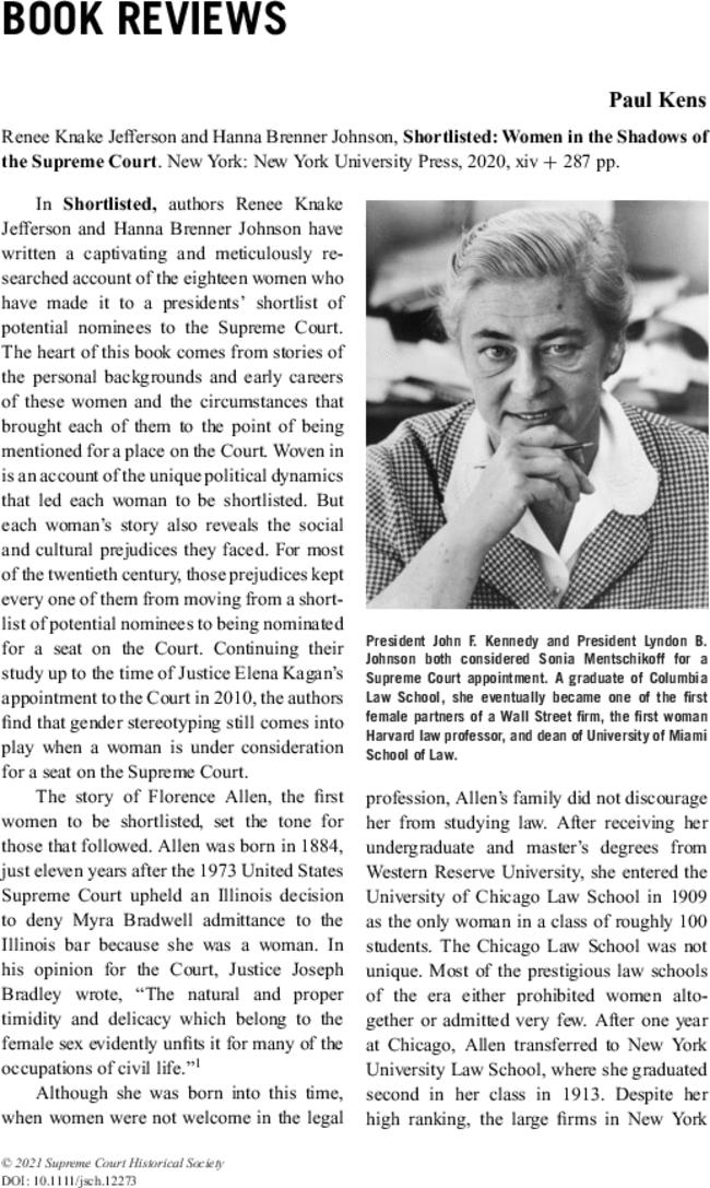 Renee Knake Jefferson and  Hanna Brenner Johnson,  Shortlisted: Women in the Shadows of the Supreme Court. New York: New York University Press,  2020,  xiv + 287 pp.