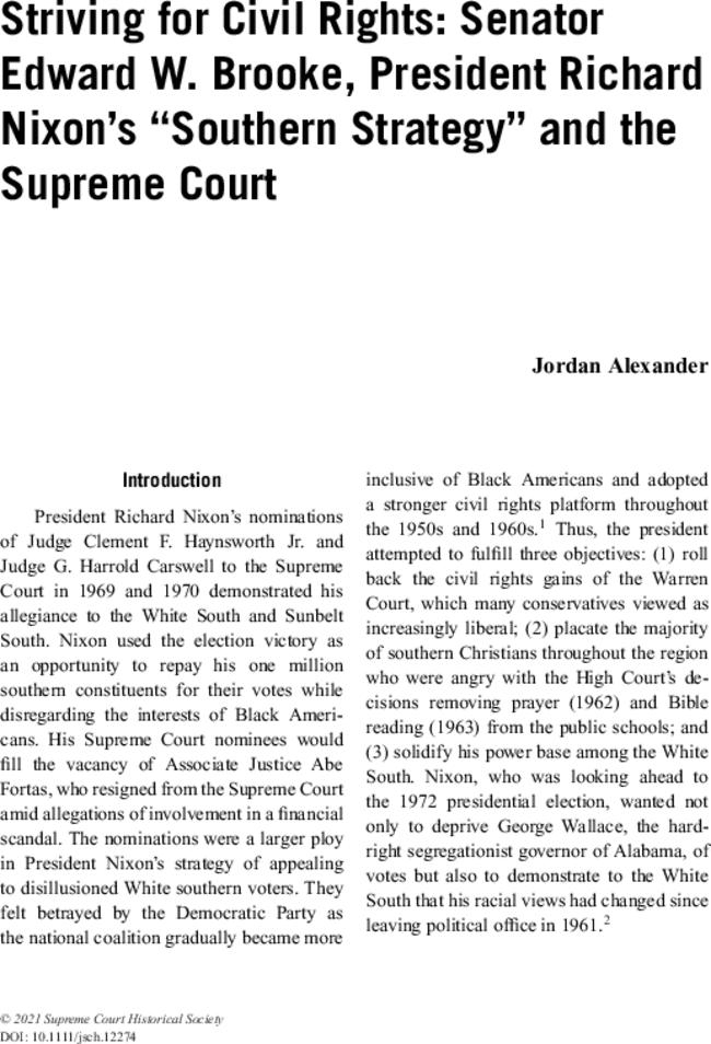 Striving for Civil Rights: Senator Edward W. Brooke, President Richard Nixon's “Southern Strategy” and the Supreme Court