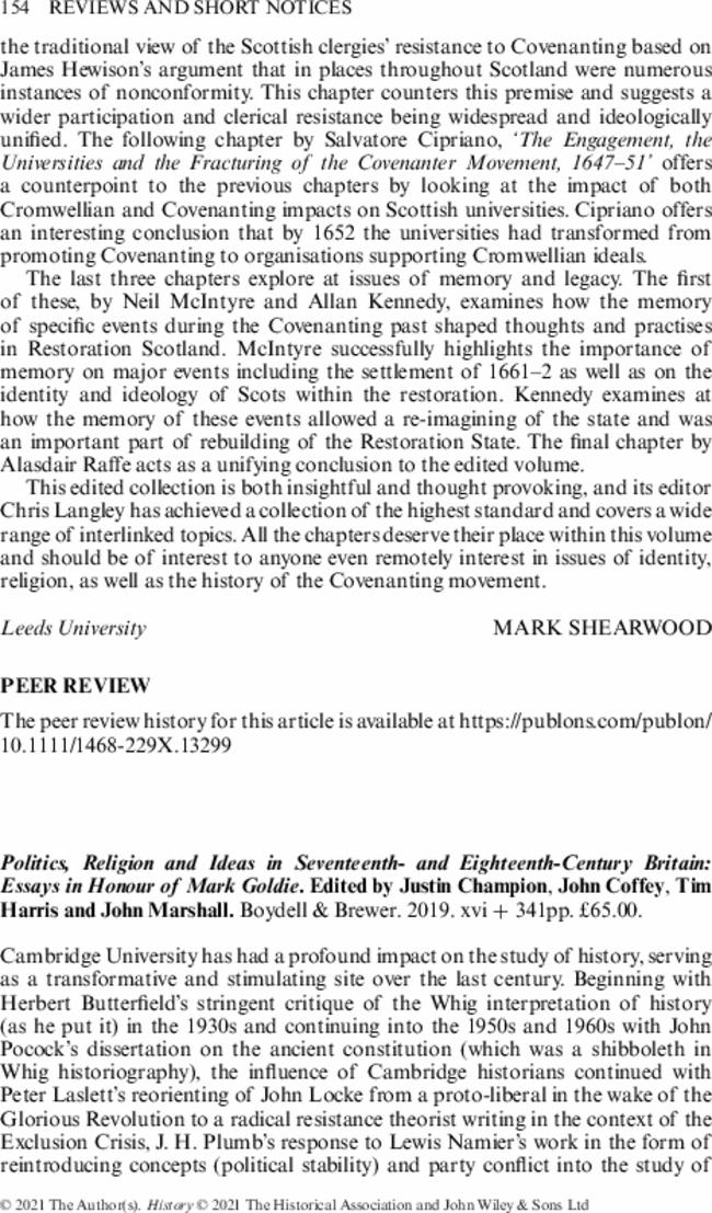 Politics, Religion and Ideas in Seventeenth- and Eighteenth-Century Britain: Essays in Honour of Mark Goldie. Edited by  Justin Champion,  John Coffey,  Tim Harris and  John Marshall. Boydell & Brewer.  2019. xvi + 341pp. £65.00.