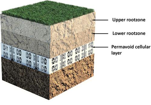 Use of plastic geocellular modules as a replacement gravel layer for natural turf rootzones