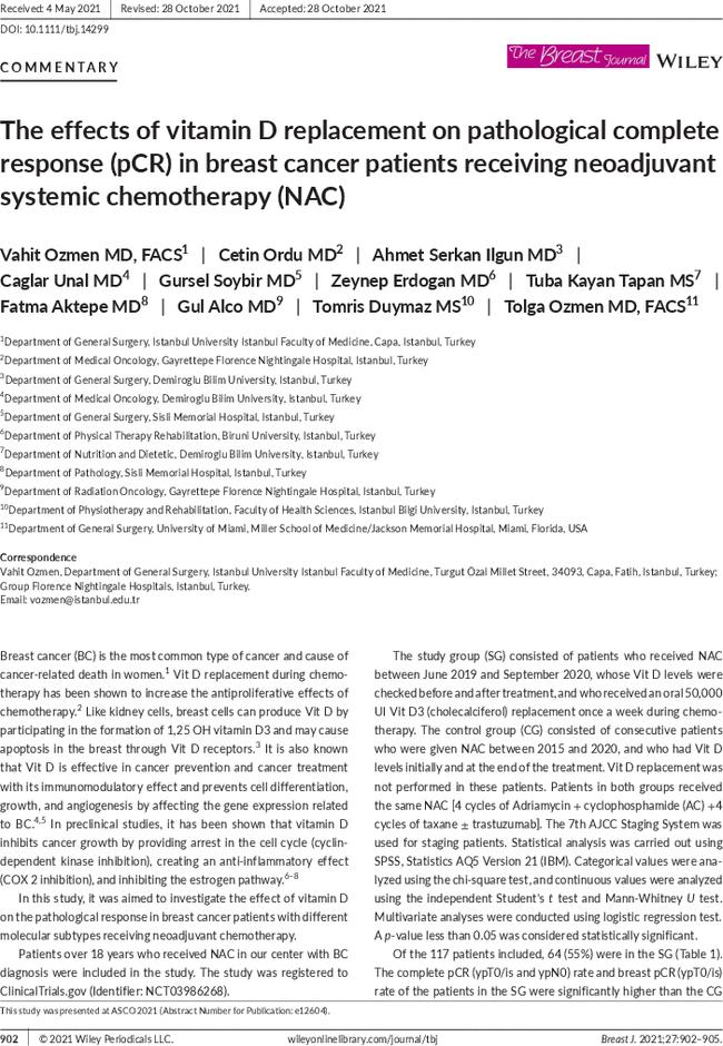 The effects of vitamin D replacement on pathological complete response (pCR) in breast cancer patients receiving neoadjuvant systemic chemotherapy (NAC)