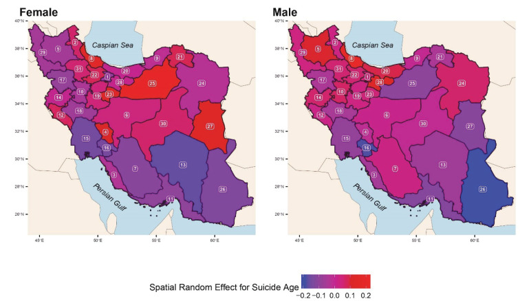 Spatial heterogeneity in gender and age of fatal suicide in Iran.