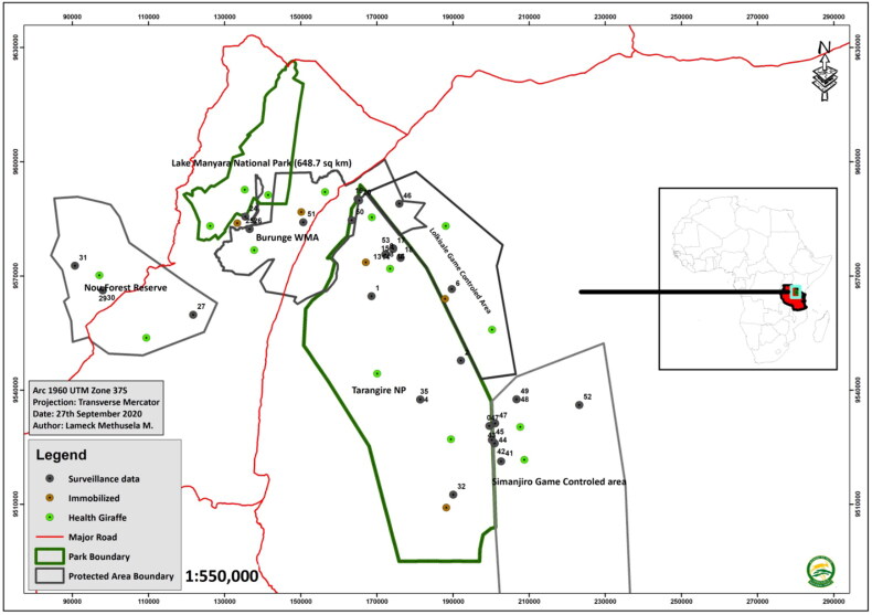 Prevalence and histopathological characterization of Masai Giraffe (<i>Giraffa camelopardalis tippelskirchi</i>) skin disease in Tarangire-Manyara ecosystem, Northern Tanzania.