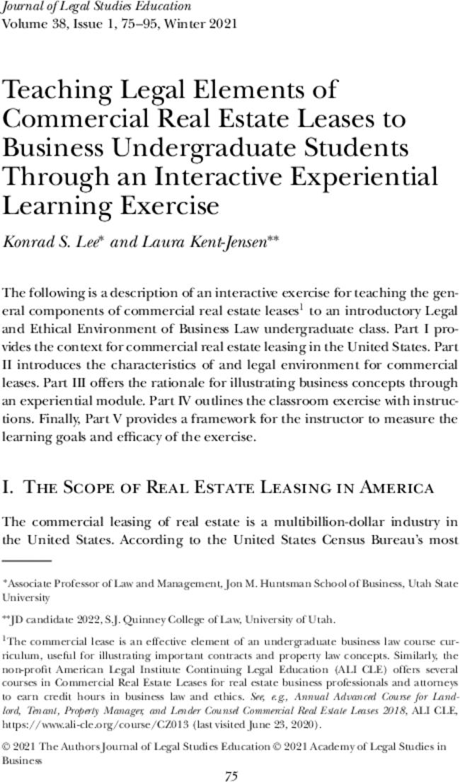 Teaching Legal Elements of Commercial Real Estate Leases to Business Undergraduate Students Through an Interactive Experiential Learning Exercise