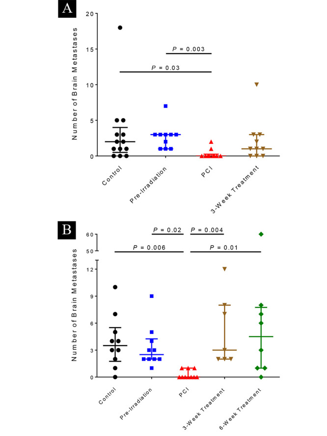 Prophylactic cranial irradiation reduces the incidence of brain metastasis in a mouse model of metastatic, HER2-positive breast cancer.