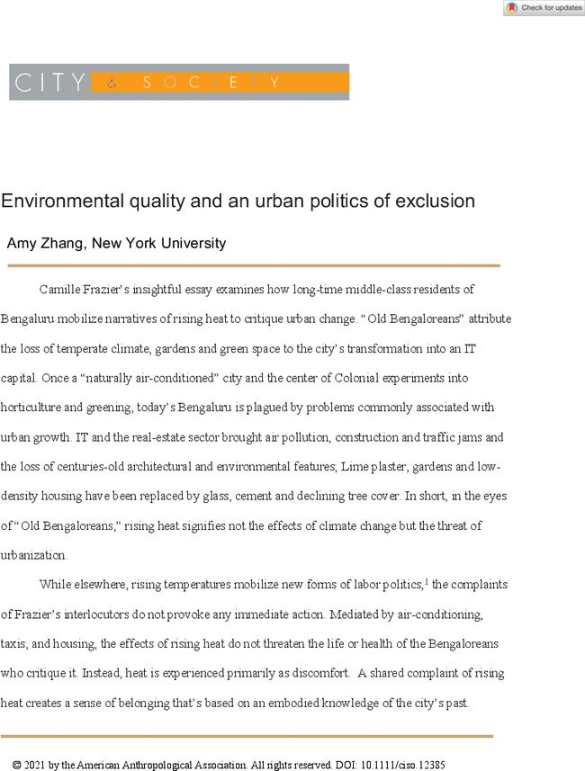 Environmental quality and an urban politics of exclusion