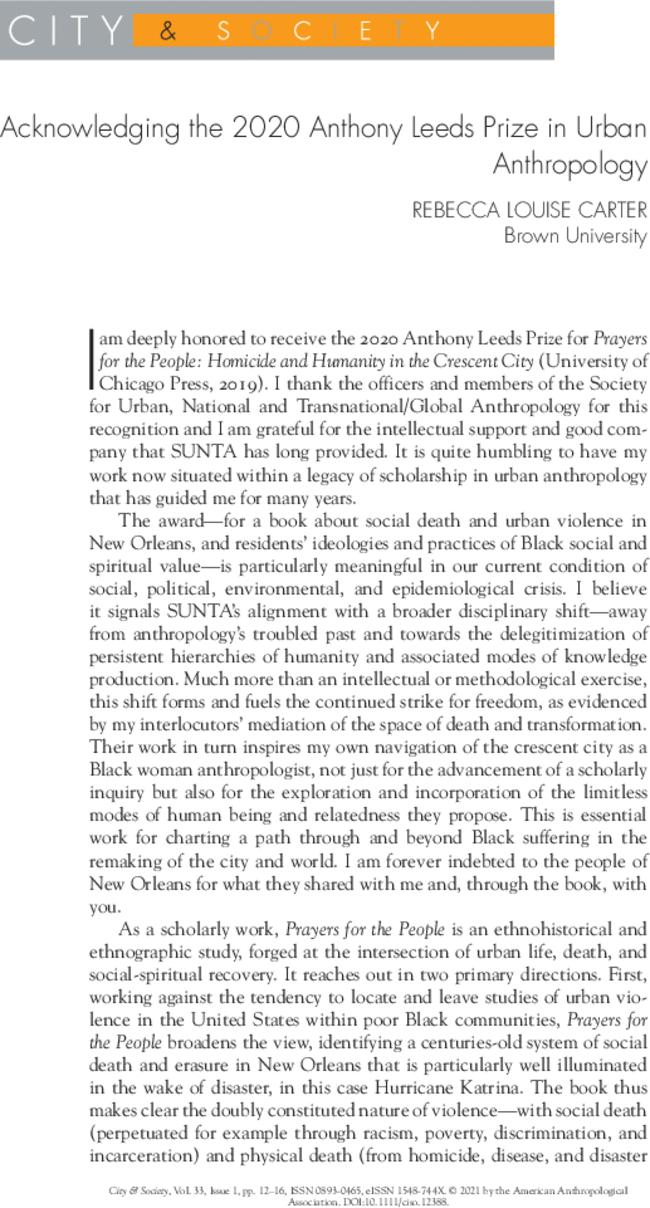 Acknowledging the 2020 Anthony Leeds Prize in Urban Anthropology