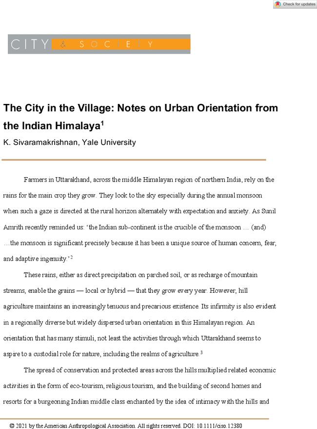 The City in the Village: Notes on Urban Orientation from the Indian Himalaya1