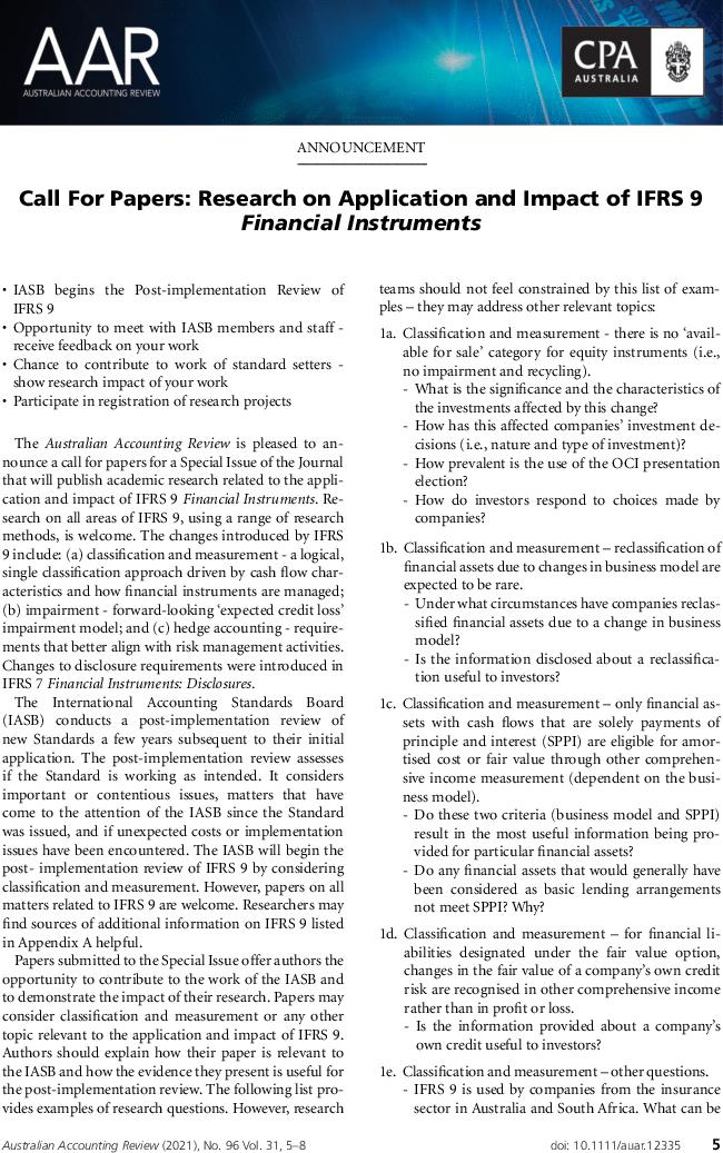 Call For Papers: Research on Application and Impact of IFRS 9 Financial Instruments