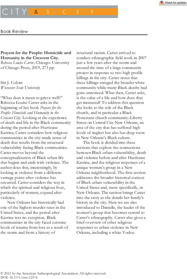 Prayers for the People: Homicide and Humanity in the Crescent City.  Rebecca Louise Carter, Chicago: University of Chicago Press,  2019,  273 pp.