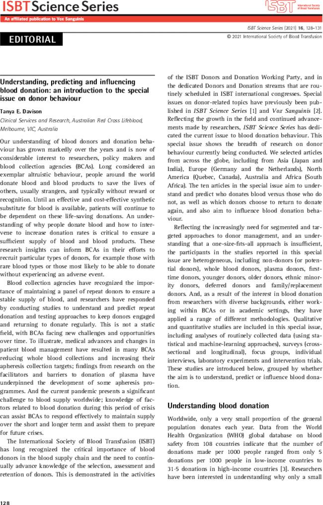 Understanding, predicting and influencing blood donation: an introduction to the special issue on donor behaviour