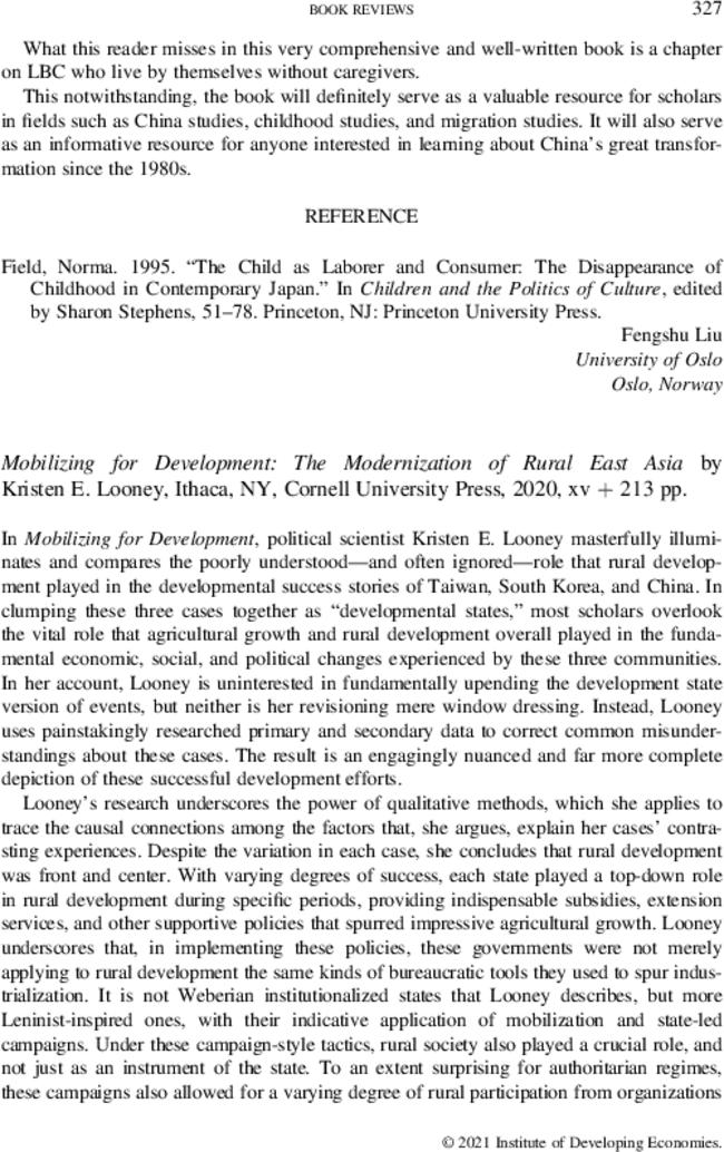 Mobilizing for Development: The Modernization of Rural East Asia by  Kristen E. Looney, Ithaca, NY, Cornell University Press,  2020, xv + 213 pp.