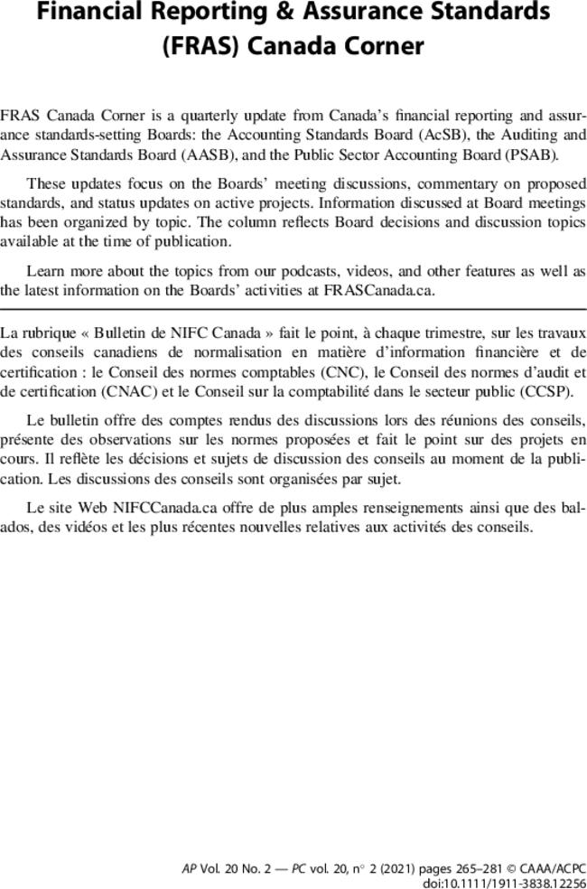 Financial Reporting & Assurance Standards (FRAS) Canada Corner