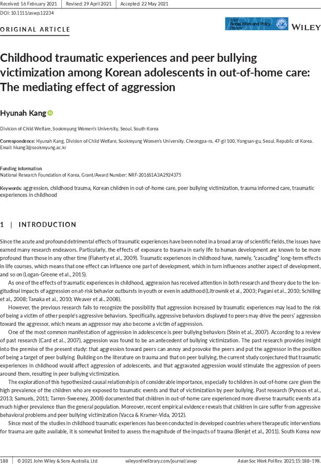 Childhood traumatic experiences and peer bullying victimization among Korean adolescents in out-of-home care: The mediating effect of aggression