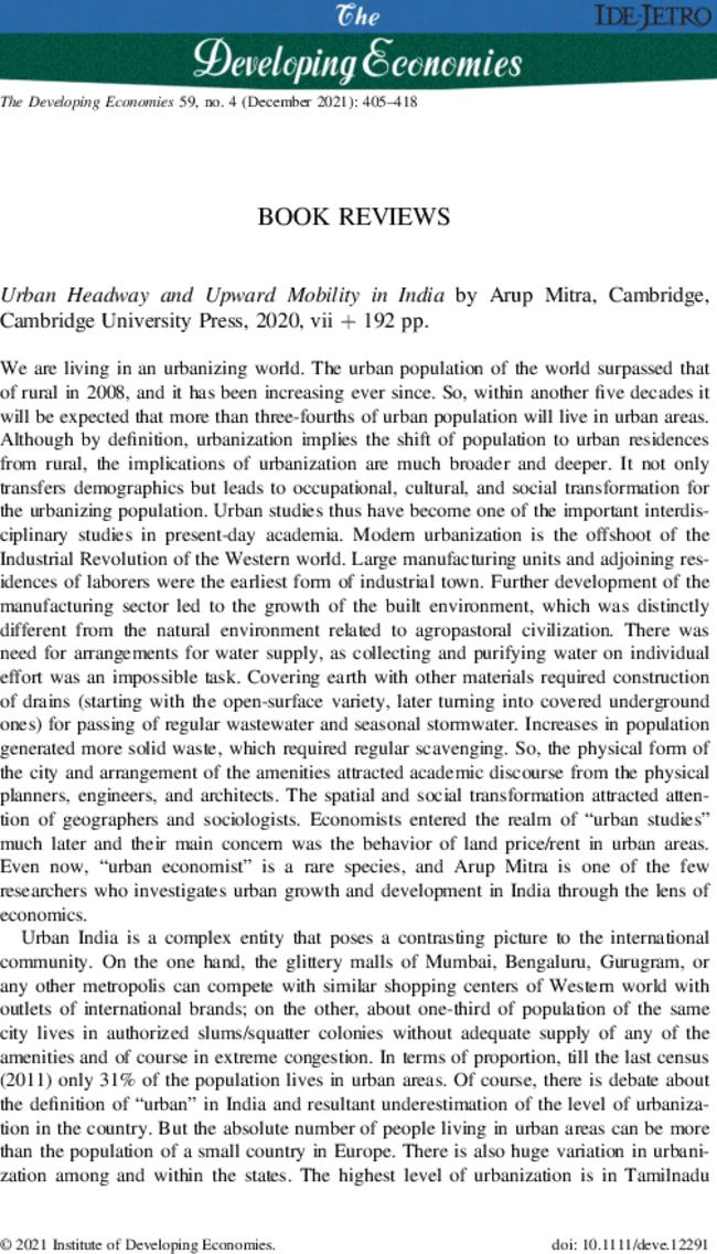 Urban Headway and Upward Mobility in India by  Arup Mitra, Cambridge, Cambridge University Press,  2020, vii + 192 pp.