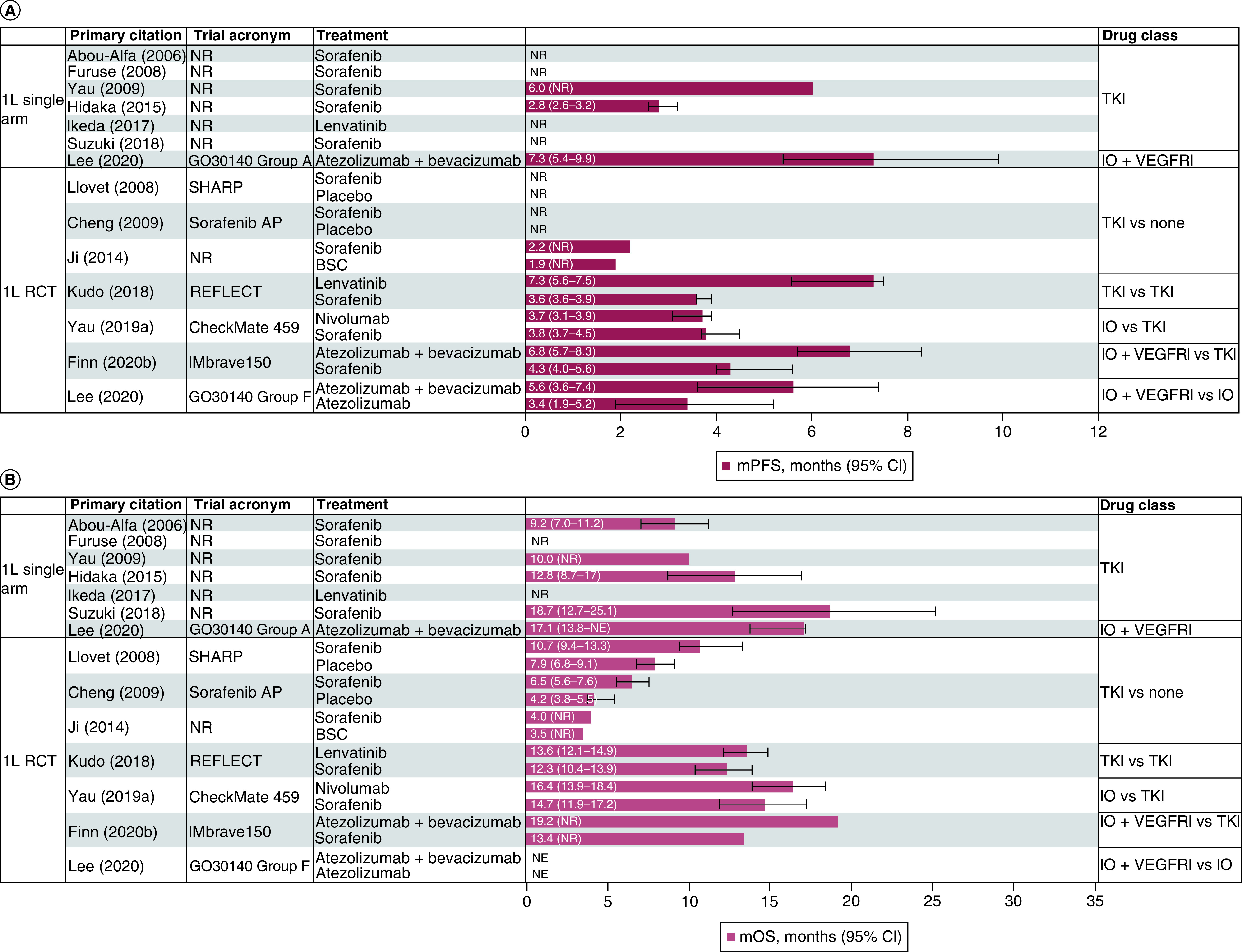 Systematic literature review of trials assessing recommended systemic treatments in hepatocellular carcinoma.