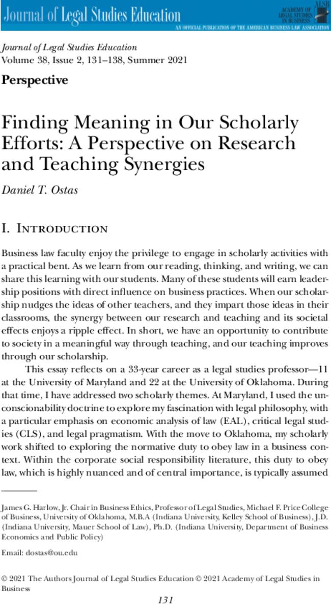 Finding Meaning in Our Scholarly Efforts: A Perspective on Research and Teaching Synergies