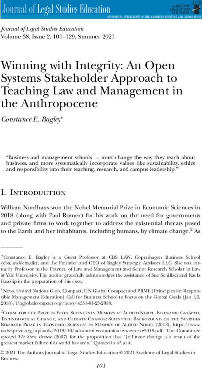 Winning with Integrity: An Open Systems Stakeholder Approach to Teaching Law and Management in the Anthropocene