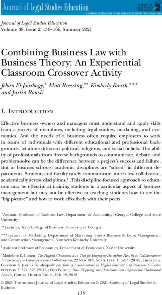 Combining Business Law with Business Theory: An Experiential Classroom Crossover Activity