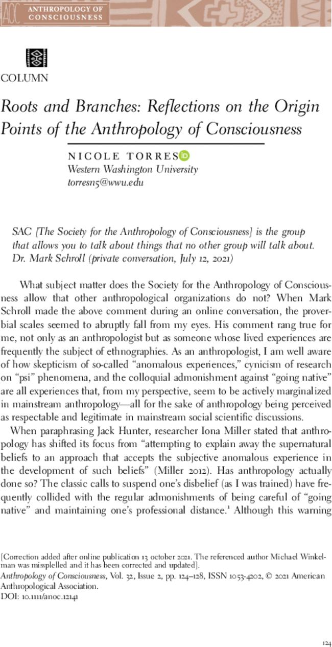 Roots and Branches: Reflections on the Origin Points of the Anthropology of Consciousness